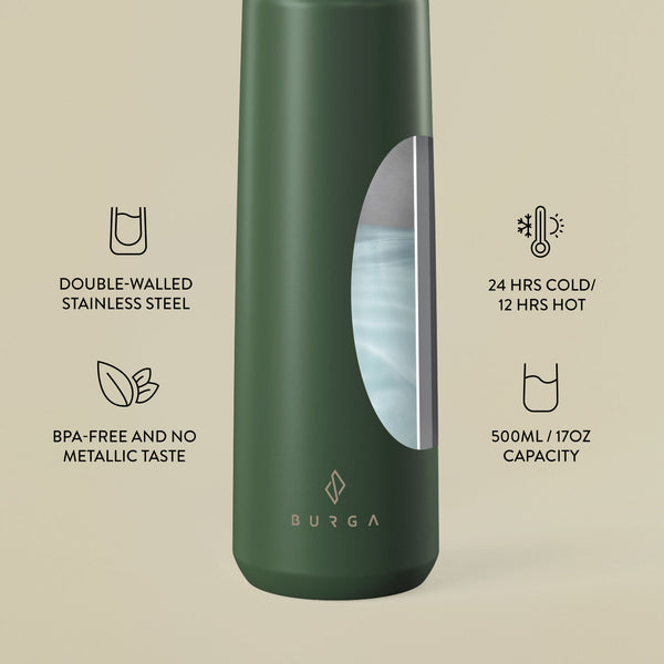 BURGA Insulated Stainless Steel Water Bottle 17oz - Leak-Proof, Keeps Drinks Hot 12H & Cold 24H, Anti-Slip Black Marble Design